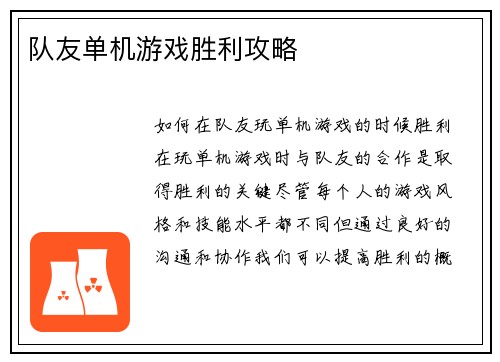 队友单机游戏胜利攻略